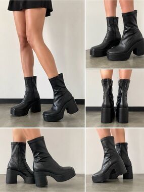 Zara Black Platform Ankle Boots Chunky Heel Stretch Zip Goth EU 37 / US 6.5-7